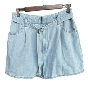 Uniqlo Jean Shorts Womens Size 12 Blue Paperbag Belted Lightwash High Waisted